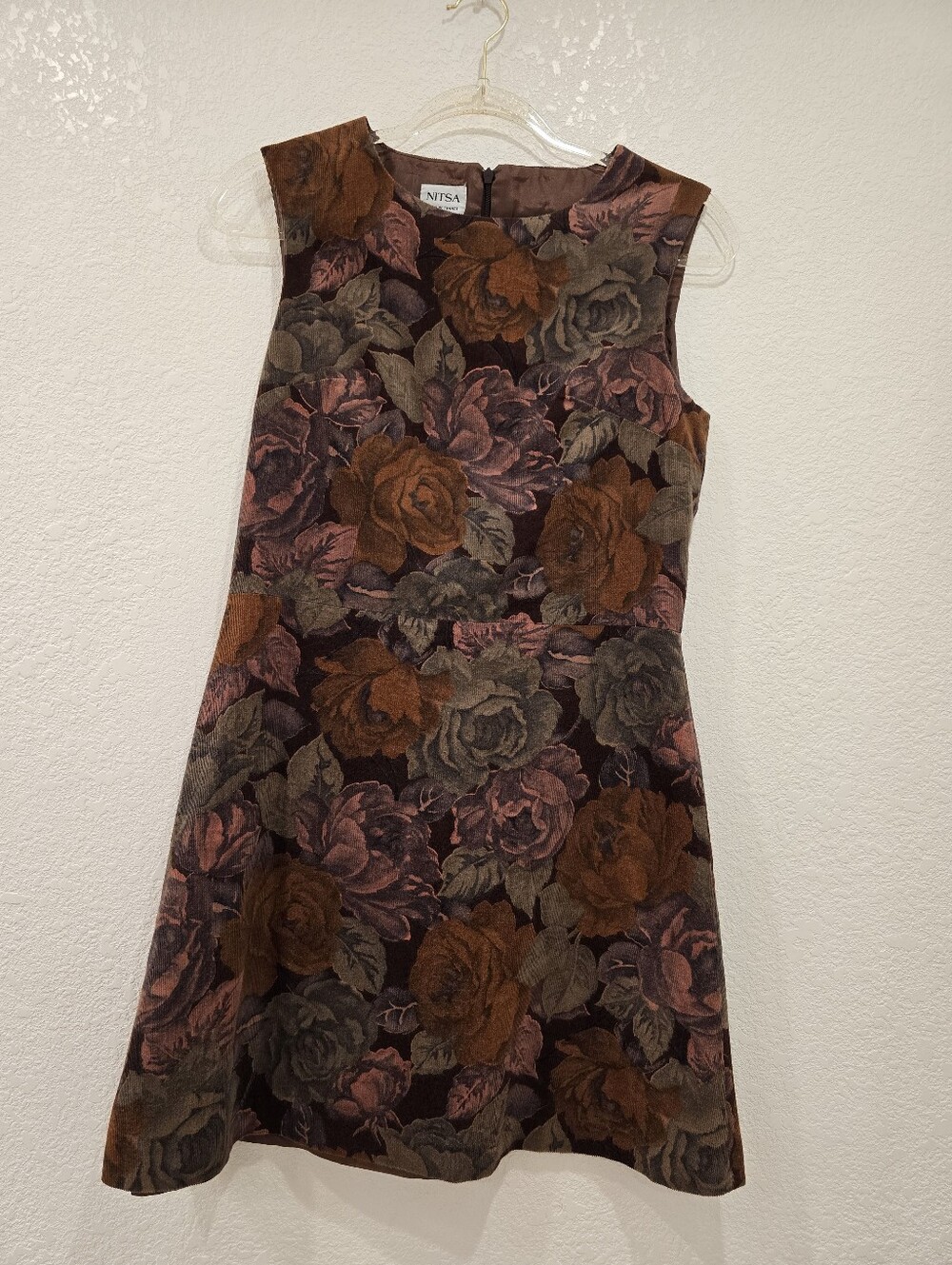 NITSA Vintage corduroy Floral Dress 100% Cotton Brown 40 - Picture 2 of 7